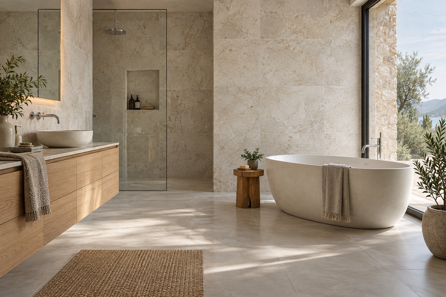 Bathroom with stone-look walls, oak vanity and freestanding bath